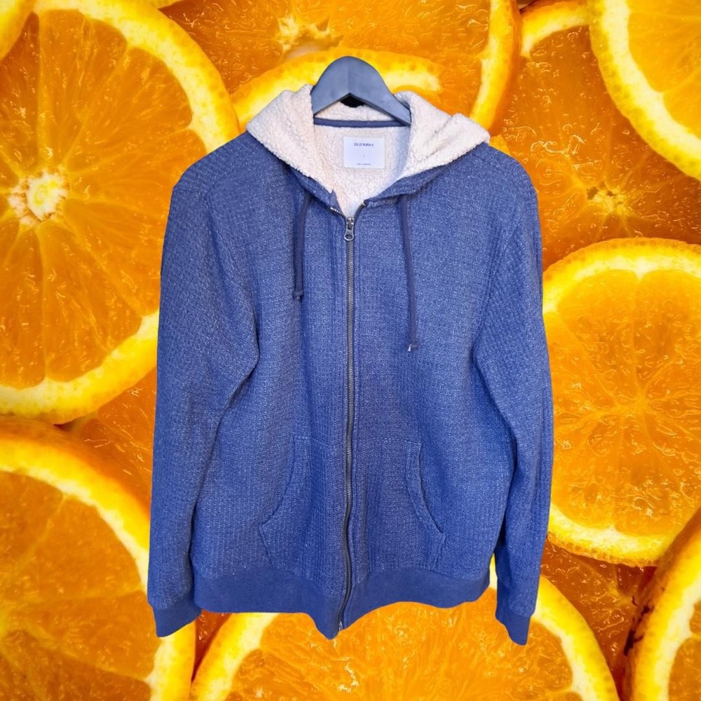 Old Navy Mens Large Blue Waffle Knit Sherpa Lined Full Zip Hoodie Jacket